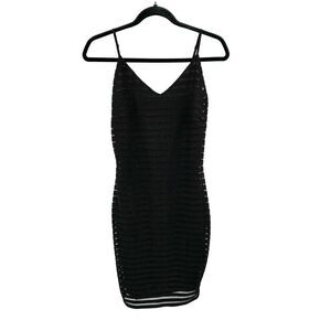 OLIVE TREE Black Bodycon Sheer Stripe Spaghetti Strap Stretch Mini Dress Large